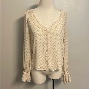 Bohme Cream Polka Dot Cuffed Sleeve Blouse Coquette Romantic